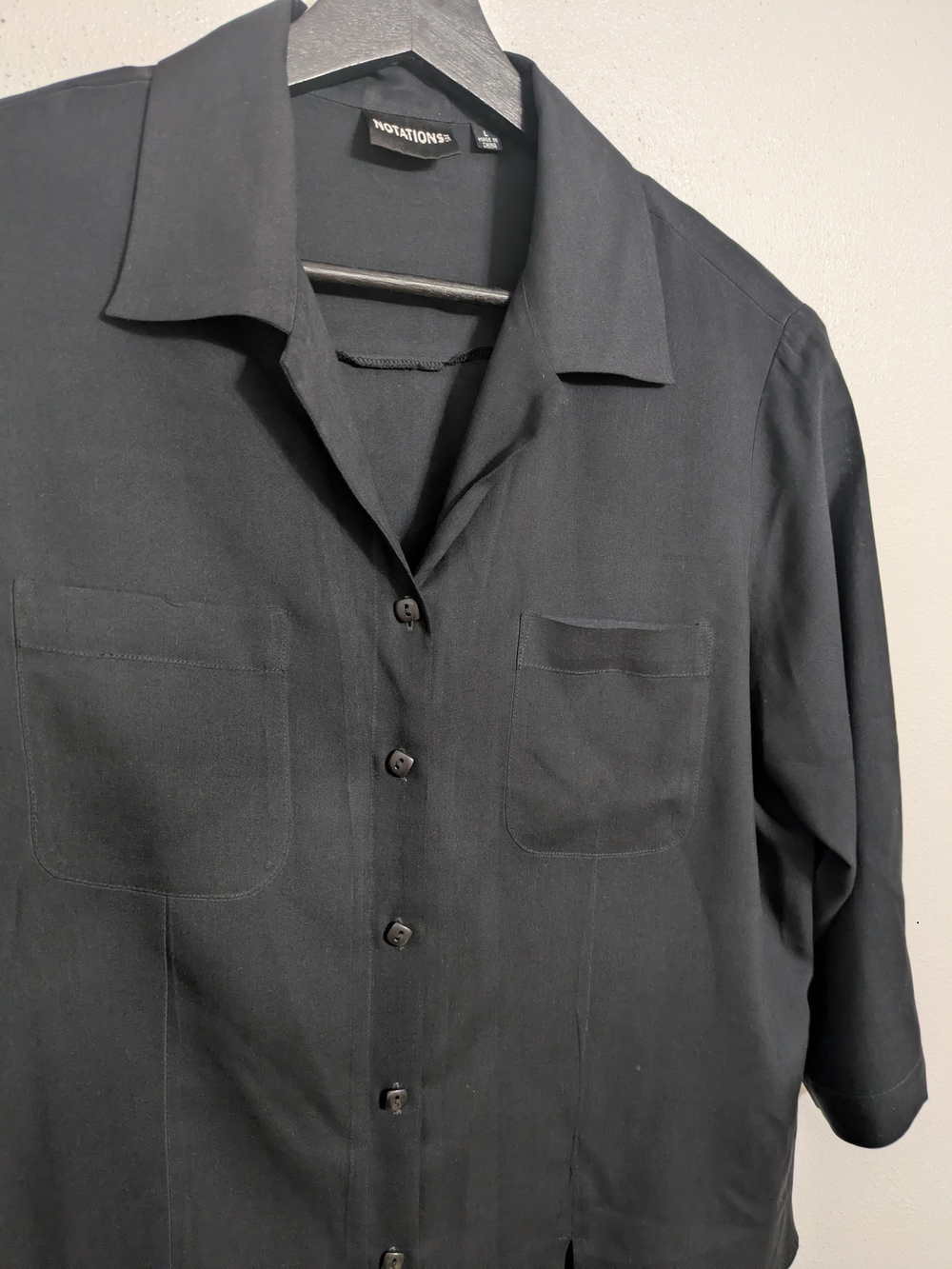 Women's Silk Notations Black 1/2-Sleeve Collar Shirt Sz Large
